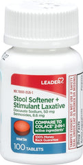 Leader Stool Softener + Stimulant Laxative Relieves Constipation Docusate Sodium, Sennosides, 100 Tablets - 4 Pack