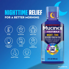 Mucinex Nightshift Severe Cold and Flu Liquid Medicine, OTC Nighttime Cough Relief, Expectorant, 6 fl oz