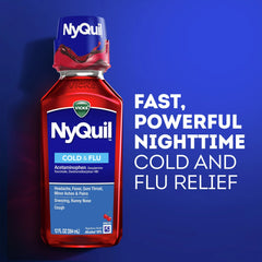 Vicks NyQuil Cold and Flu Liquid, Nighttime Cold and Flu Medicine, Cherry, 12 Fl oz