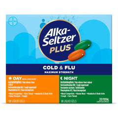Alka-Seltzer Plus Maximum Strength Cold & Flu Medicine, Day + Night, Liquid Gels, 20 Count