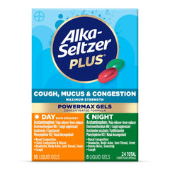 Alka-Seltzer Plus Maximum Strength Cough, Mucus & Congestion Medicine, Day+Night, Powermax Liquid Gels, 24 Count