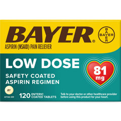 Bayer Aspirin Low Dose 81 mg, Enteric Coated, Secondary Prevention of Cardiovascular Events, 120 Safety Coated Tablets