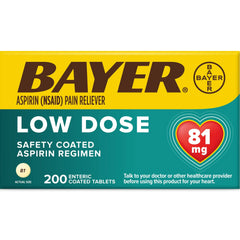 Bayer Aspirin Low Dose 81 mg, Enteric Coated Tablets, Doctor Recommended, Secondary Prevention of Cardiovascular Disease, 200 Safety Coated Tablets