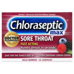 Chloraseptic Max Strength Sore Throat Lozenges, Wild Berries Flavor Throat Remedy, 15 Count