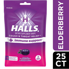 HALLS Cough and Throat Relief Plus Immune Support, Elderberry Cough Drops, 25 Count Drops