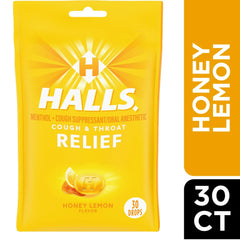 HALLS Relief Honey Lemon Cough Drops, 30 Drops