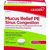 Leader Mucus Relief PE Discomfort Sinus Congestion, Mucus Buildup 50 Tablets per Box