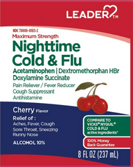 Leader Nighttime Cold And Flu Acetaminophen Liquid, Cherry Flavor, 8 Oz, 3 Pack