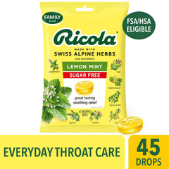 Ricola Sugar Free Lemon Mint Throat Drops, Refreshing Throat Relief, 45 Count