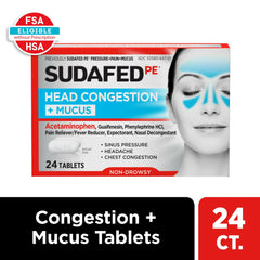 Sudafed PE Head Congestion + Mucus Non-Drowsy Relief Tablets, 24 Ct