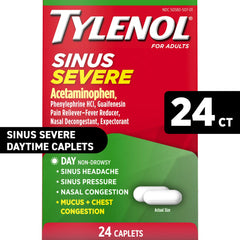Tylenol Sinus Severe Non-Drowsy Day Cold & Flu Relief Caplets, Pain Reliever & Fever Reducer Medicine, 24 Ct