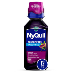 Vicks NyQuil Cold and Flu Liquid, Nighttime Cold and Flu Medicine for Adults, Elderberry, 12 Fl oz