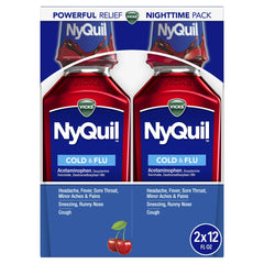 Vicks NyQuil Nighttime Cold, Cough & Flu Liquid Medicine, Over-the-Counter Medicine, Cherry, 2x12 Oz