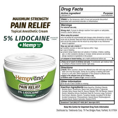 Hempvana Lidocaine 5% Relief Cream, for Anorectal Relief, Enriched with Hemp Seed Oil, 4-oz Jar