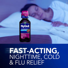 Vicks NyQuil Cold and Flu Liquid, Nighttime Cold and Flu Medicine for Adults, Elderberry, 12 Fl oz