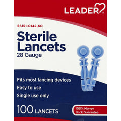 Leader Sterile Lancets 28 Gauge, 100 Ct | Ultra-Fine Tip | Single-Use Fits Most Lancing Devices