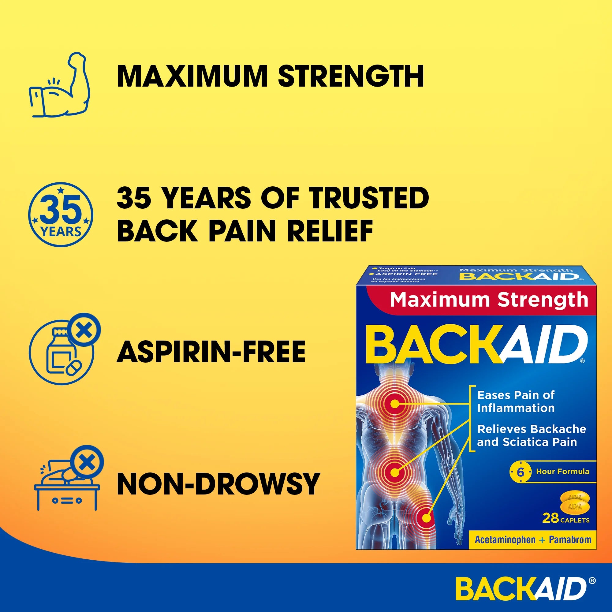Backaid Maximum Strength Back Pain Reliever, 6-Hour Formula, Aspirin-Free Caplets, 28 Count
