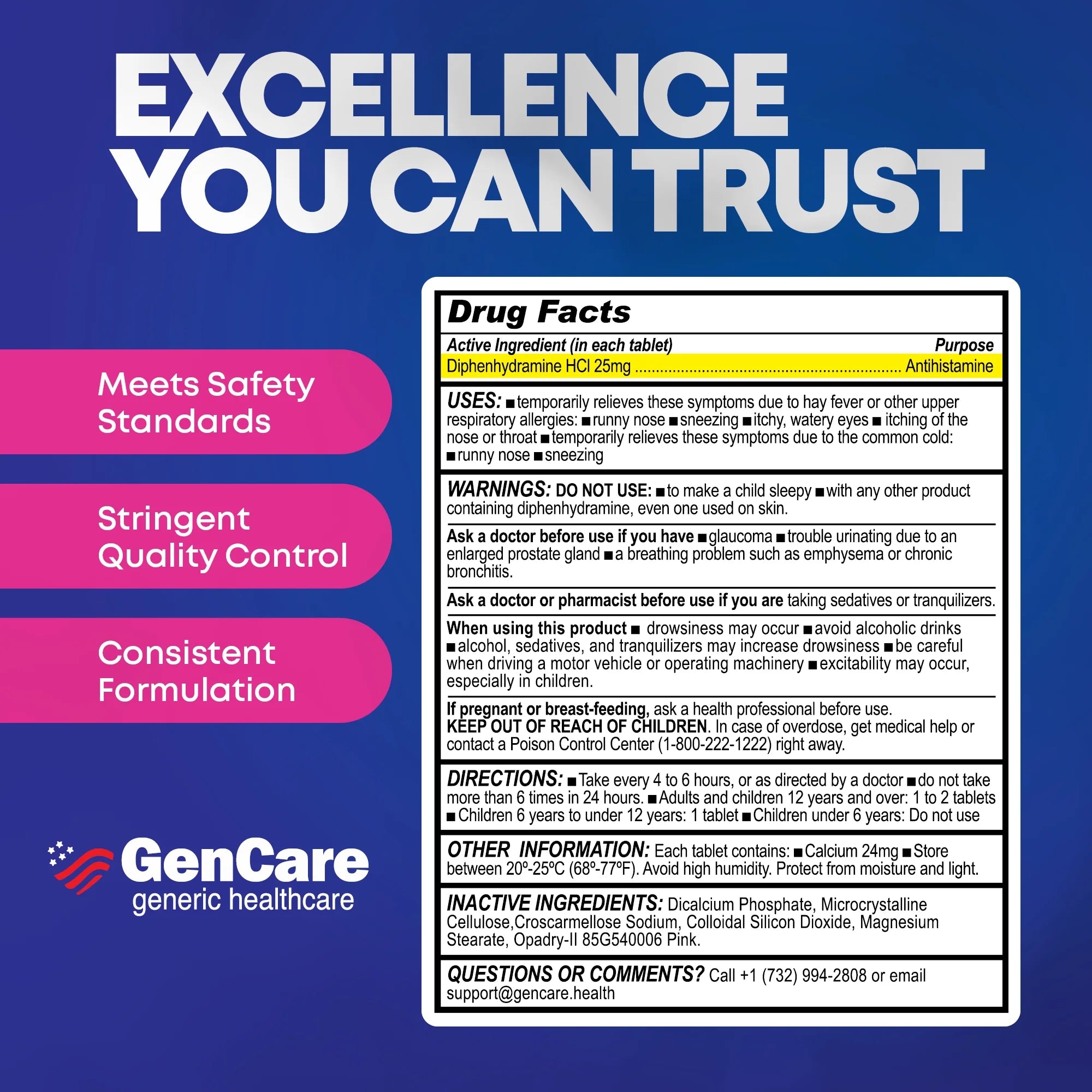 GenCare Allergy Relief Tablets Antihistamine Diphenhydramine HCl 25mg, 600 Tablets