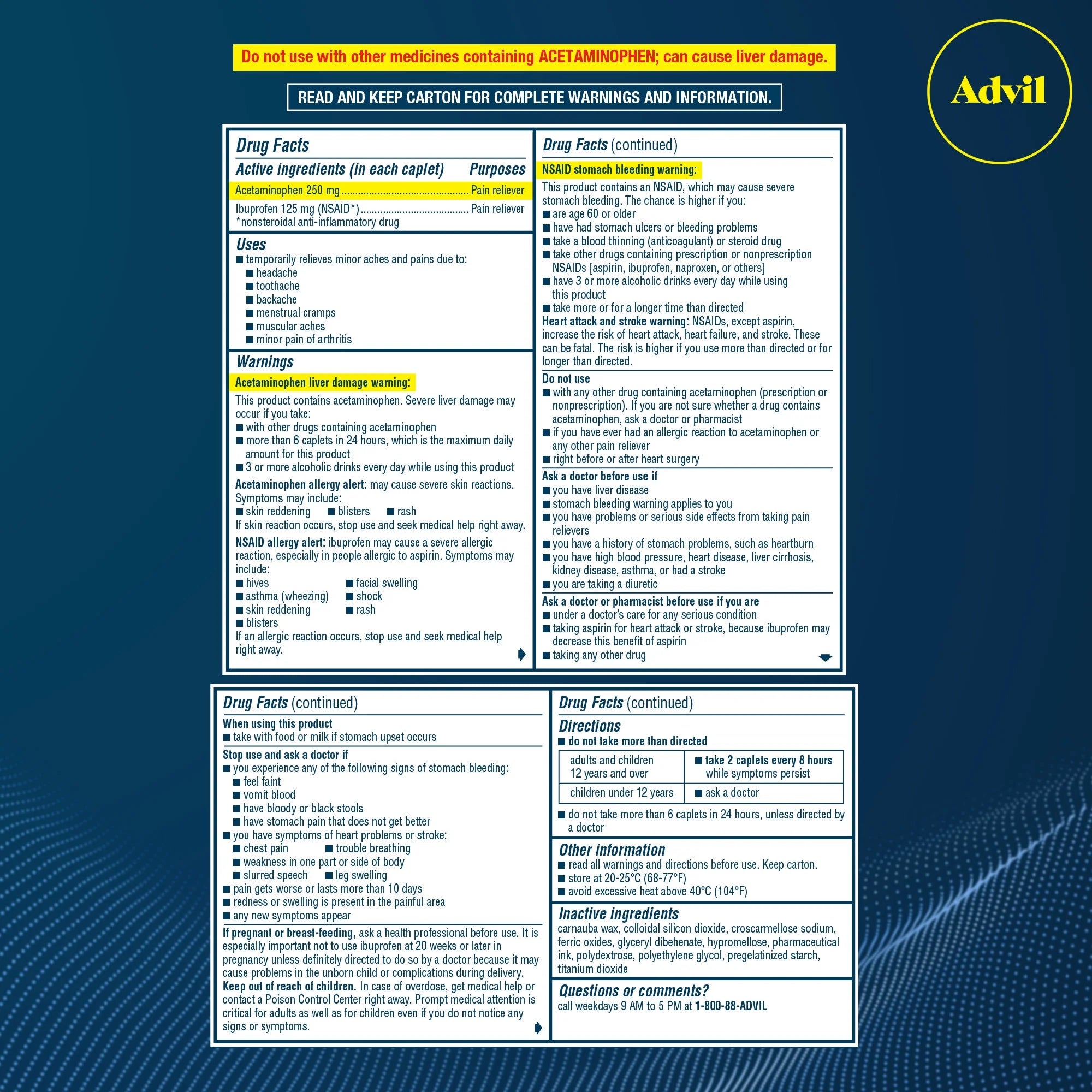 Advil Dual Action Pain Relievers Coated Caplets, 125 mg Ibuprofen and 250 mg Acetaminophen, 72 Count