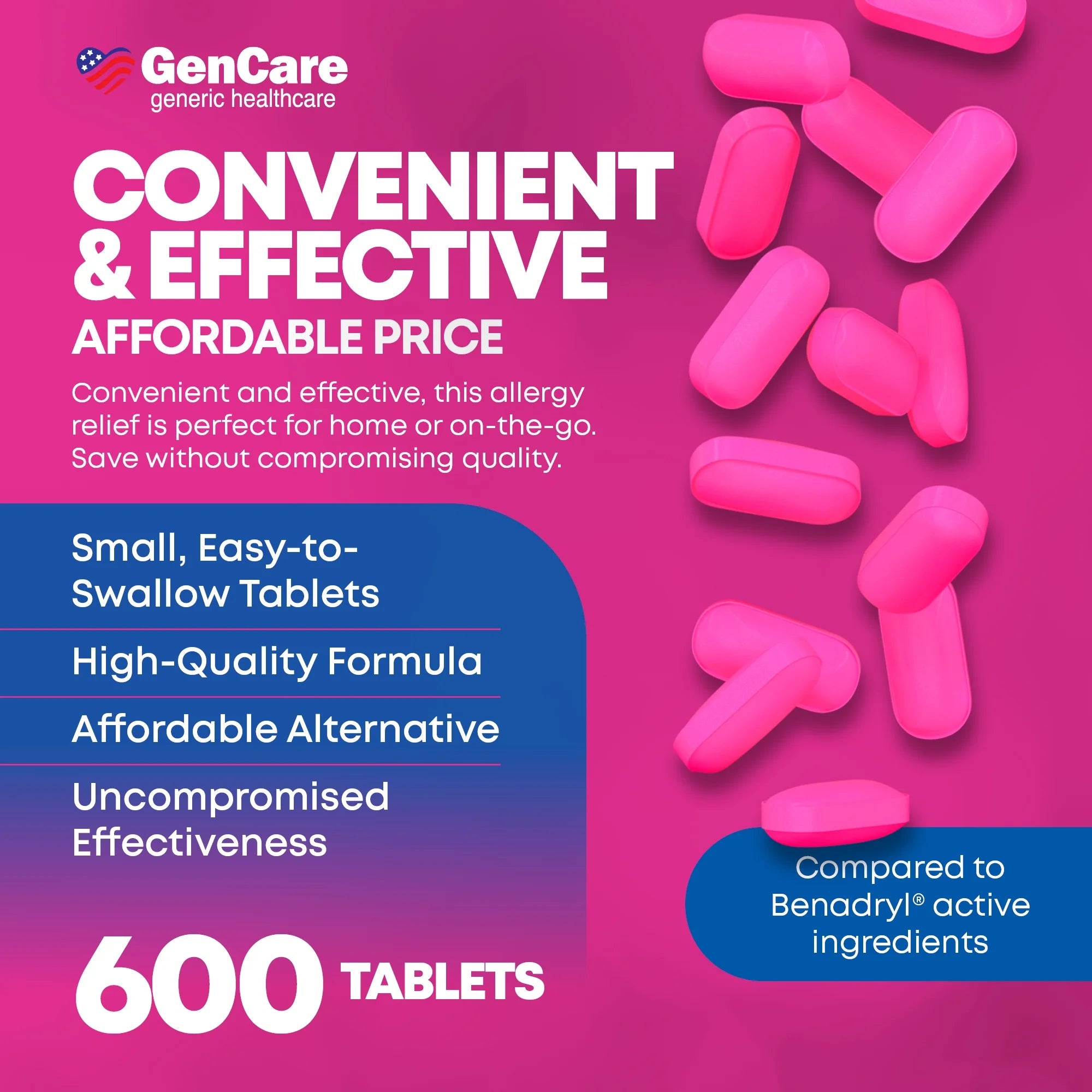 GenCare Allergy Relief Tablets Antihistamine Diphenhydramine HCl 25mg, 600 Tablets