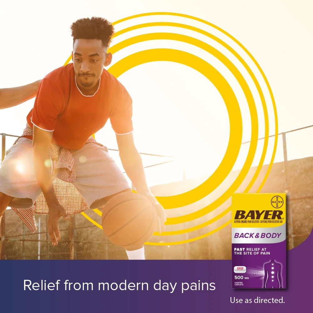 Bayer Back and Body Extra Strength Aspirin 500mg, Aspirin Plus 32.5 mg Caffeine Pain Reliever, Powerful Back and Body Pain Relief, Coated Caplets