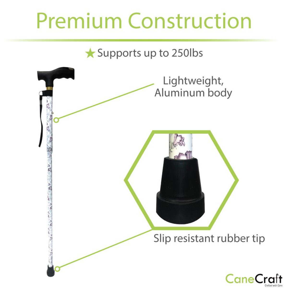 CaneCraft Folding Cane with Plastic Handle, Purple Blossom