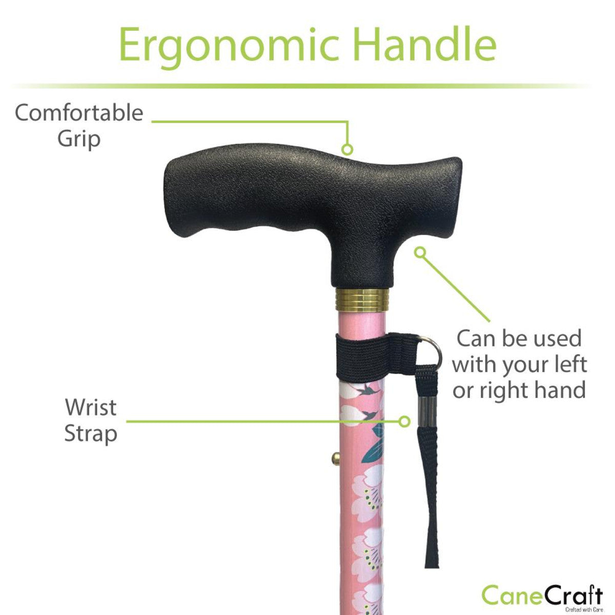 CaneCraft Folding Cane with Plastic Handle, Pink Bouquet