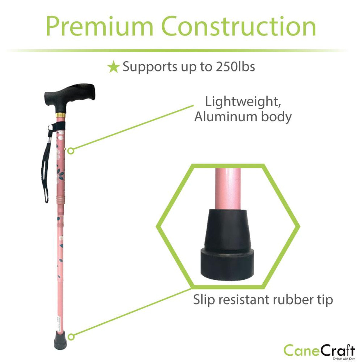 CaneCraft Folding Cane with Plastic Handle, Pink Bouquet