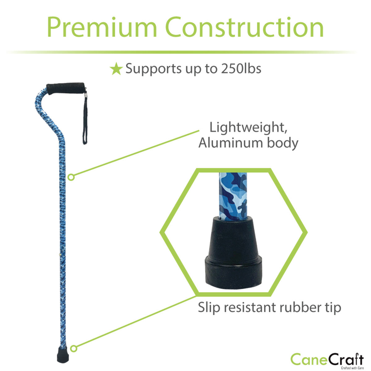 CaneCraft Offset Cane with Foam Handle, Blue Camo