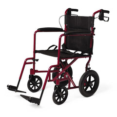 ALUMINUM TRANSPORT CHAIR WITH PERMANENT FULL-LENGTH ARMS, SWING-AWAY FOOTRESTS AND 12" WHEELS, RED