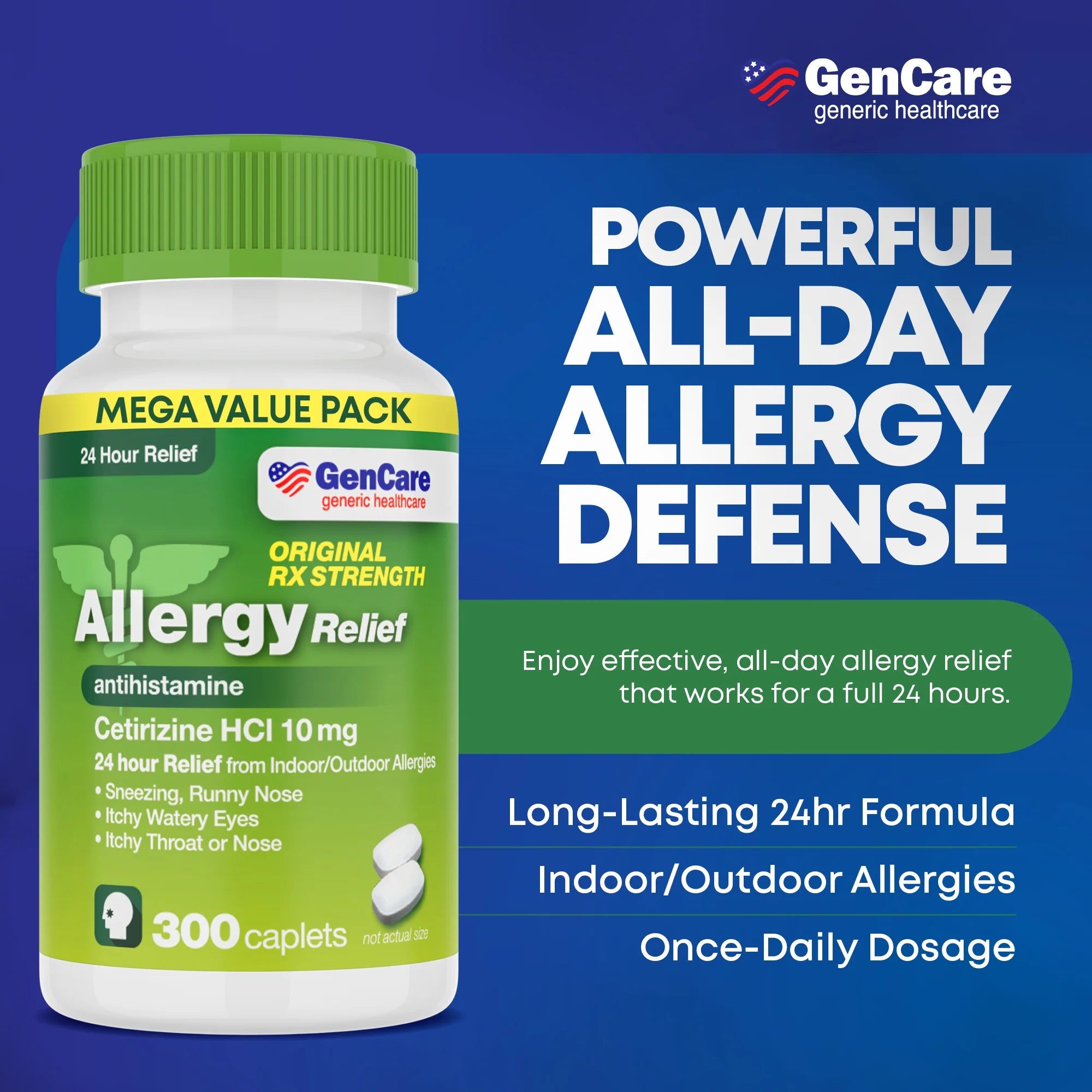 GenCare 24 Hour Allergy Relief Tablets Antihistamine Cetirizine HCl 10 mg