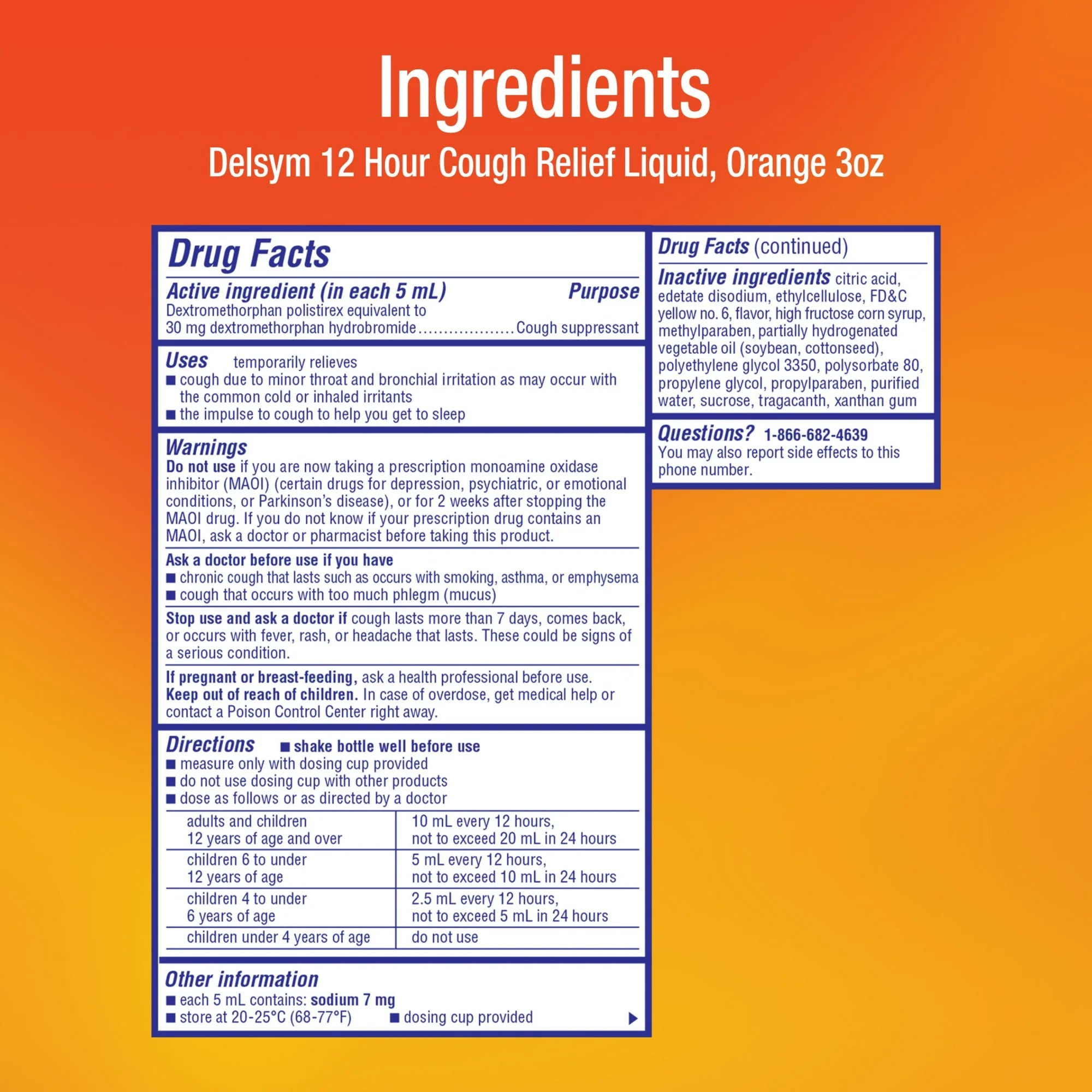 Delsym Adult 12 hour Cough Relief Medicine, Powerful Cough Relief for 12 Good Hours, Cough Suppressing Liquid, #1 Pharmacist Recommended, Orange Flavor, 5 Fl Oz