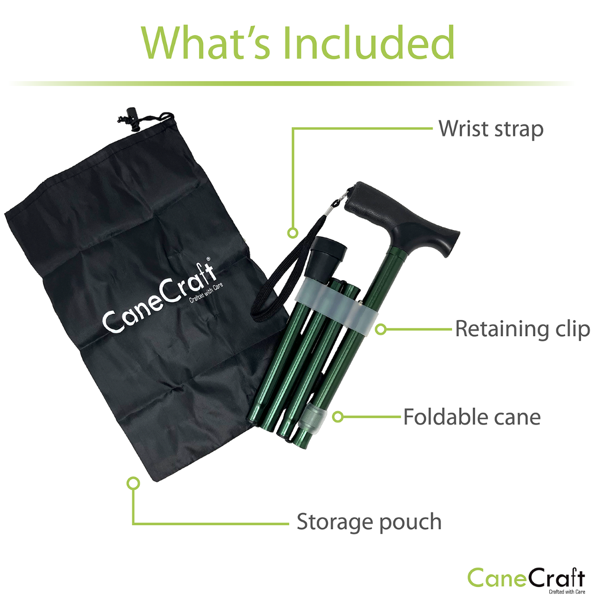 CaneCraft Folding Cane with Non-Slip Plastic Handle, Green