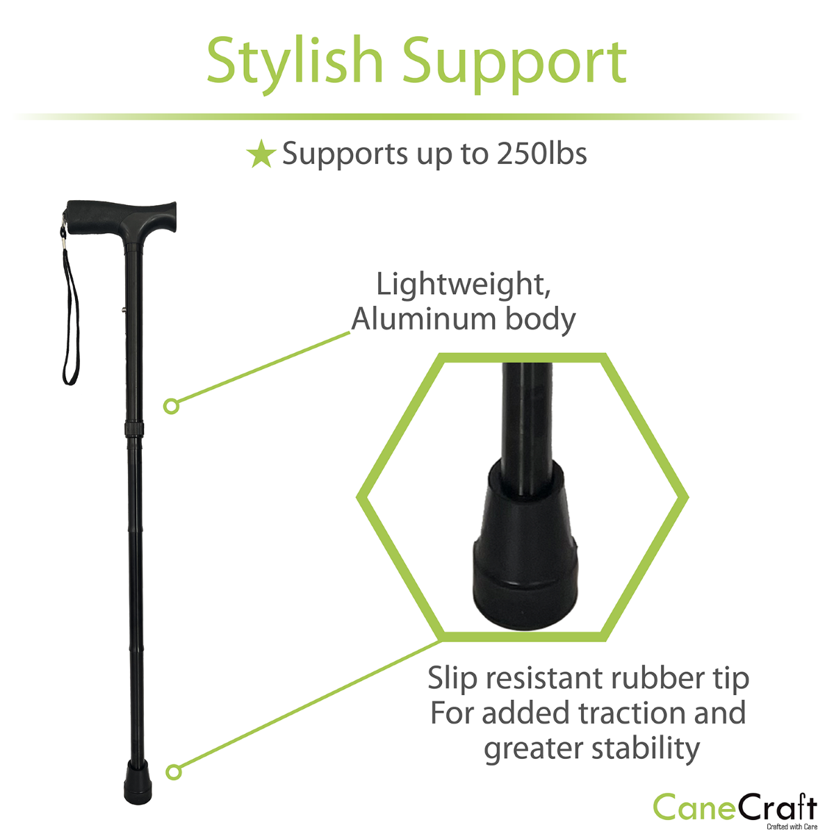 CaneCraft Folding Cane with Non-Slip Plastic Handle, Black