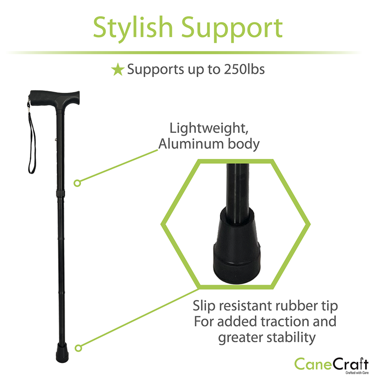 CaneCraft Folding Cane with Non-Slip Plastic Handle, Black