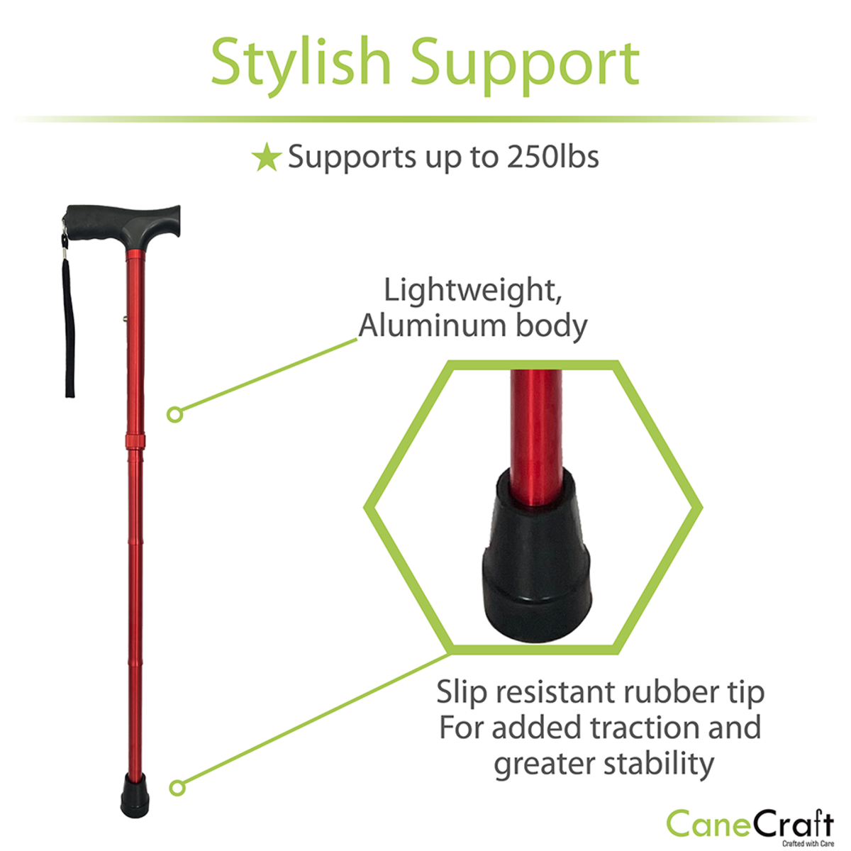 CaneCraft Folding Cane with Non-Slip Plastic Handle, Red