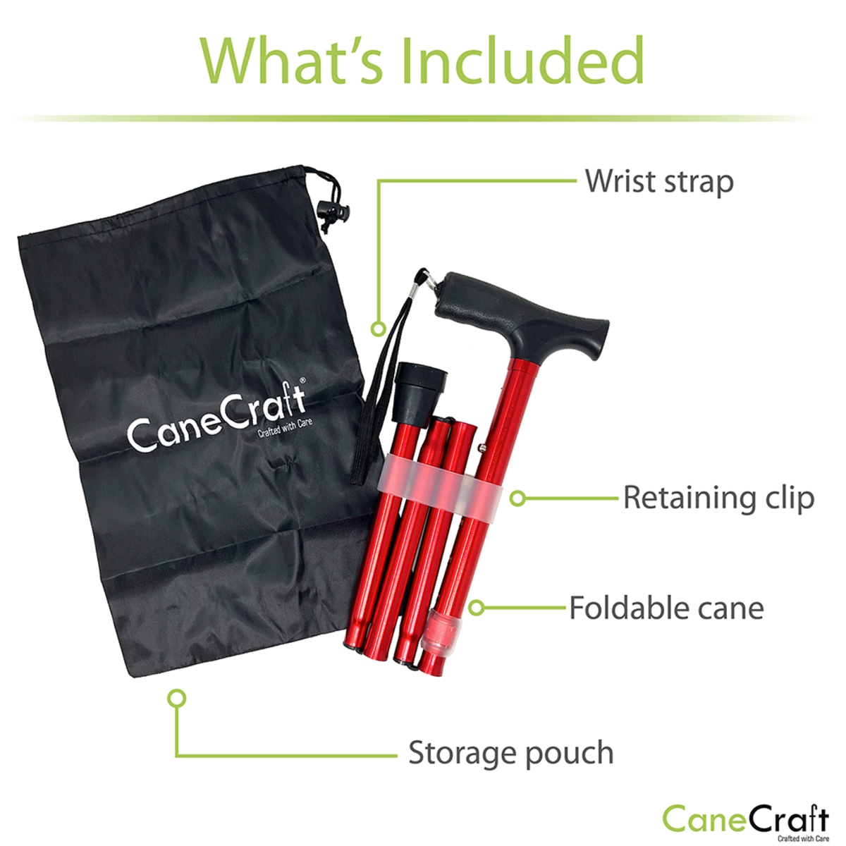 CaneCraft Folding Cane with Non-Slip Plastic Handle, Red