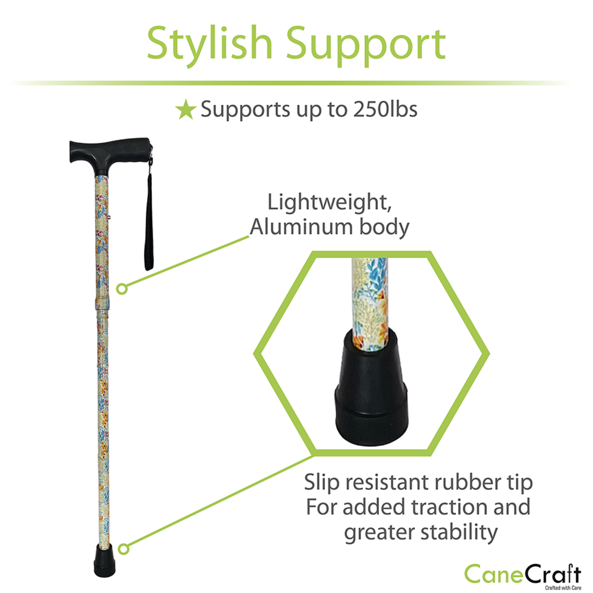 CaneCraft Folding Cane with Non-Slip Plastic Handle, Yellow Floral