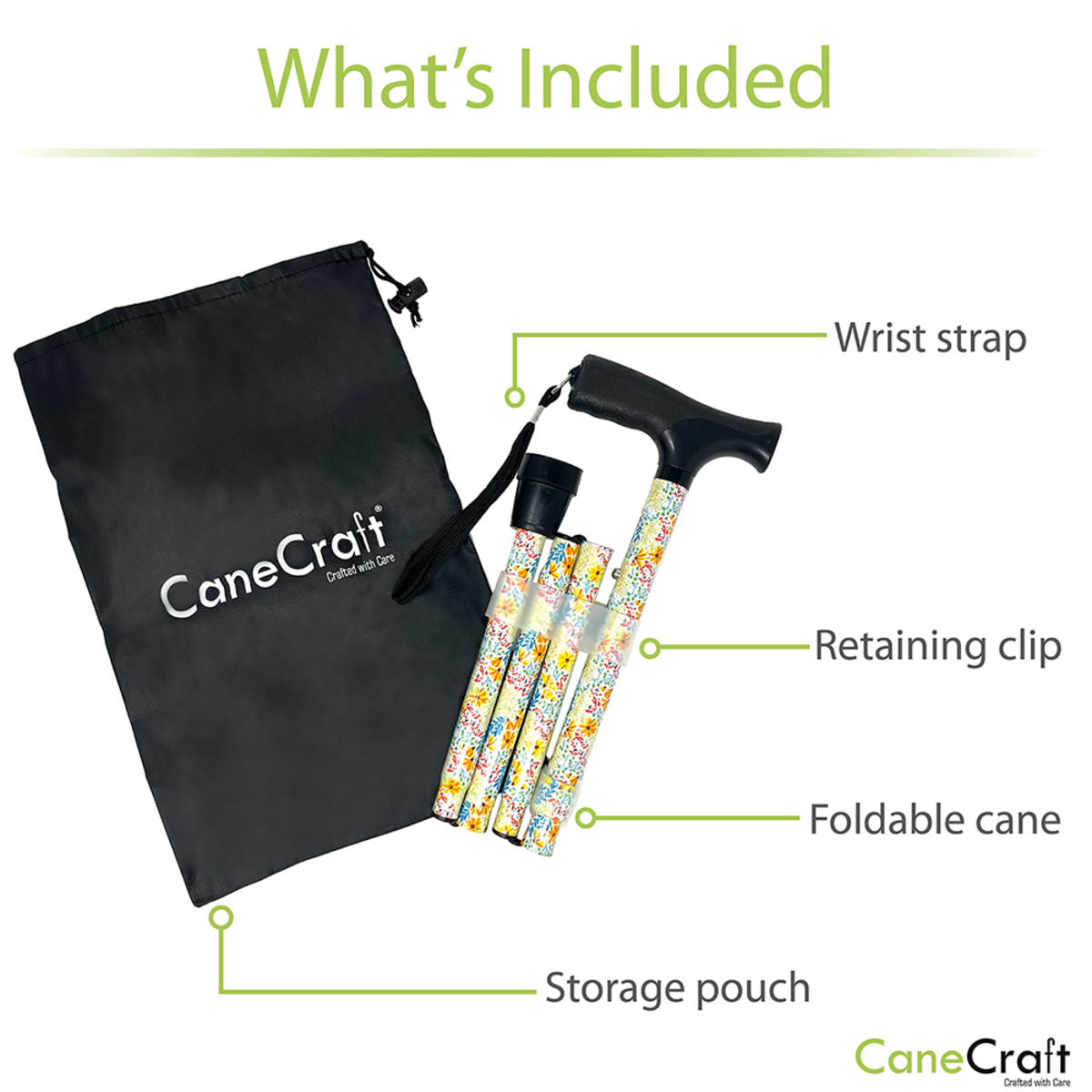 CaneCraft Folding Cane with Non-Slip Plastic Handle, Yellow Floral
