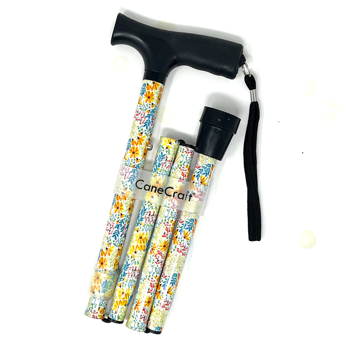 CaneCraft Folding Cane with Non-Slip Plastic Handle, Yellow Floral