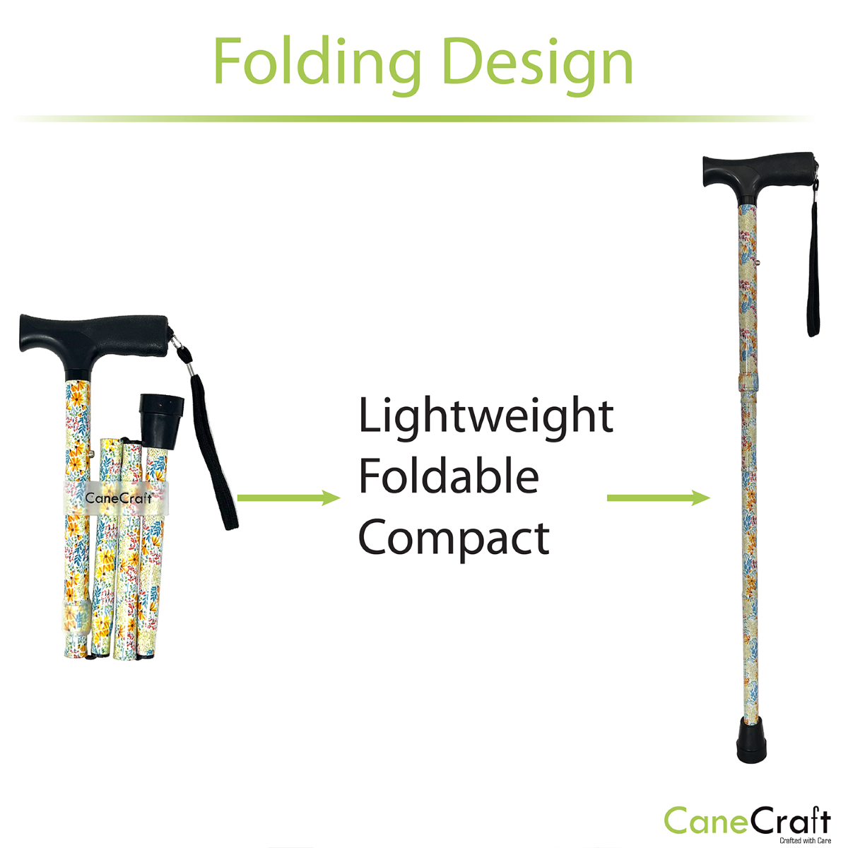 CaneCraft Folding Cane with Non-Slip Plastic Handle, Yellow Floral