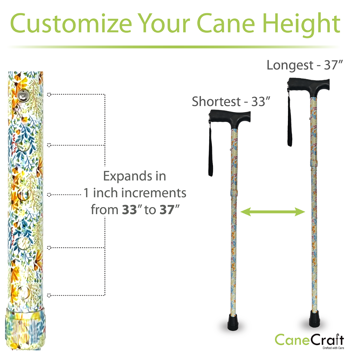 CaneCraft Folding Cane with Non-Slip Plastic Handle, Yellow Floral