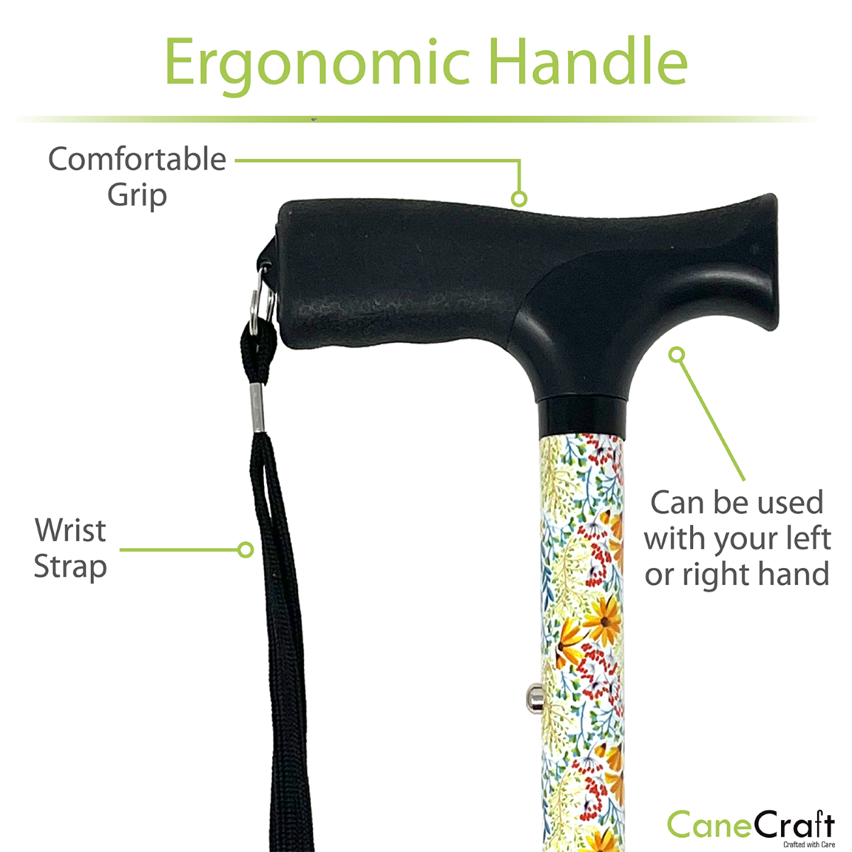 CaneCraft Folding Cane with Non-Slip Plastic Handle, Yellow Floral