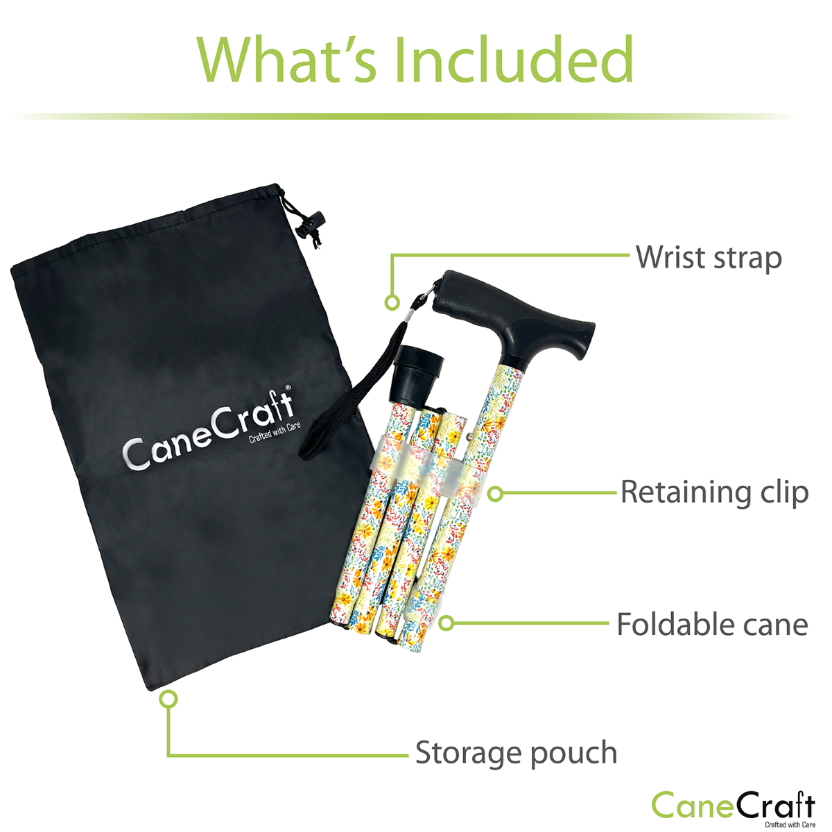 CaneCraft Folding Cane with Non-Slip Plastic Handle, Yellow Floral