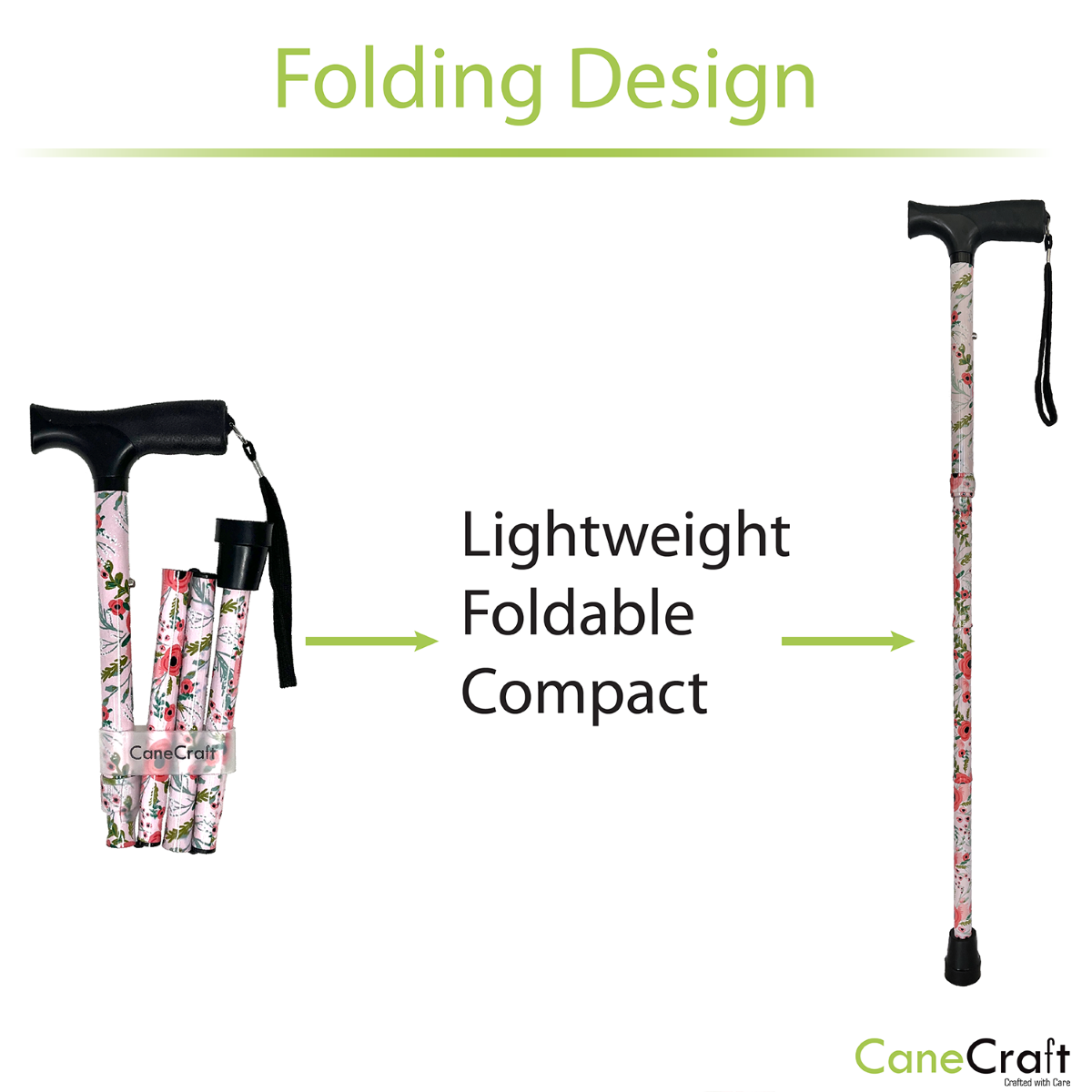 CaneCraft Folding Cane with Non-Slip Plastic Handle, Purple Floral