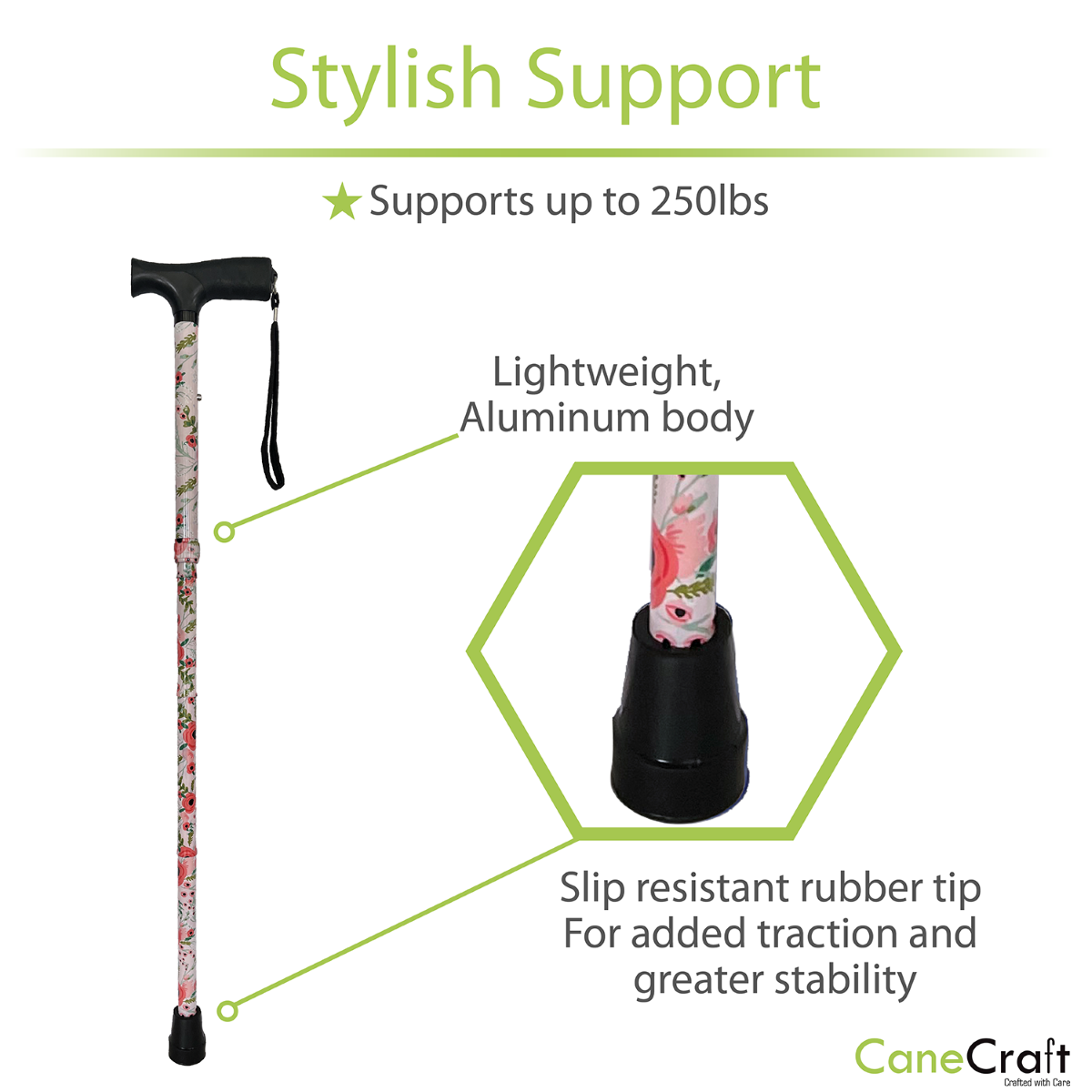 CaneCraft Folding Cane with Non-Slip Plastic Handle, Purple Floral