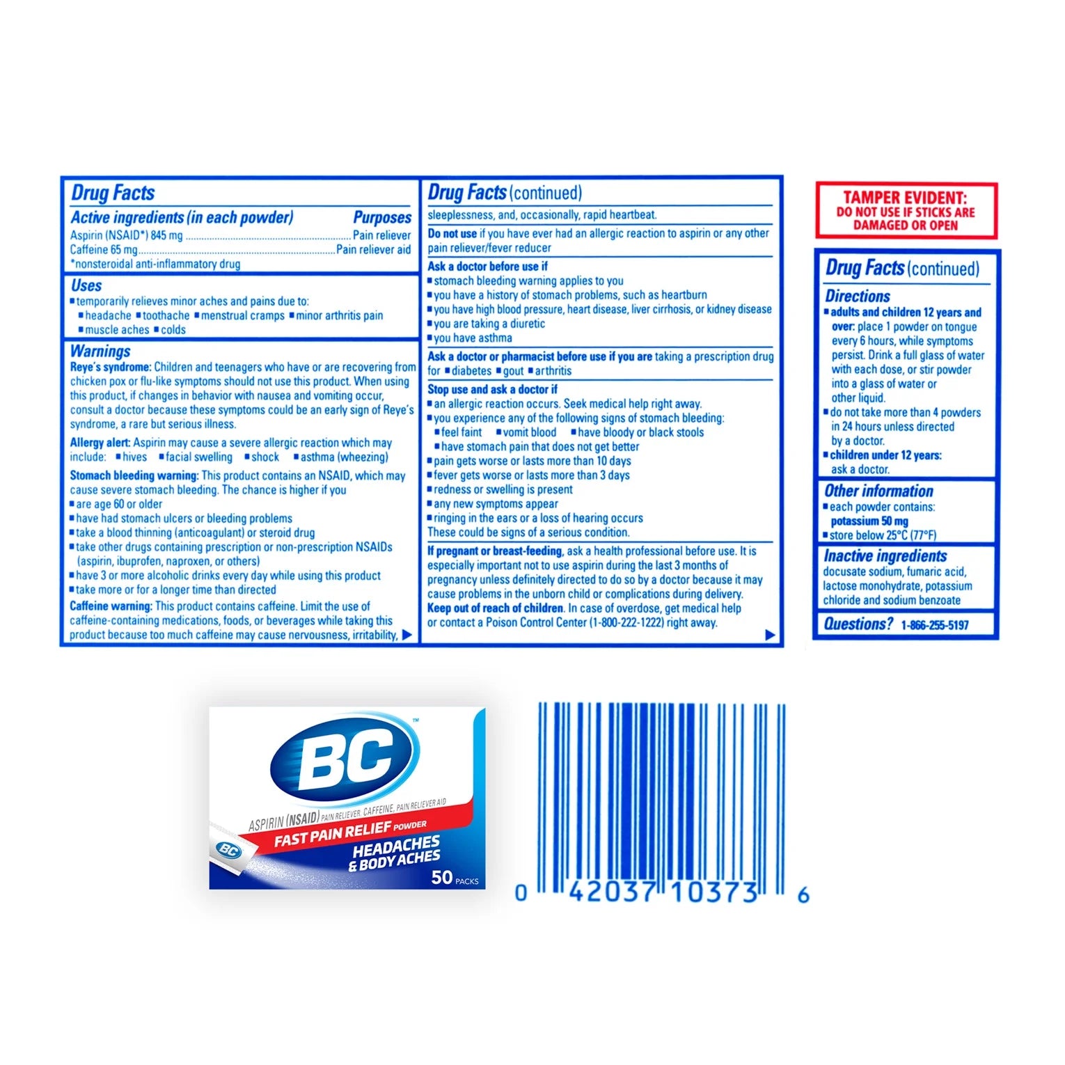 BC Powder Original Strength Pain Reliever, Aspirin Dissolve Packs, Body Aches & Pains Relief, 50 Ct