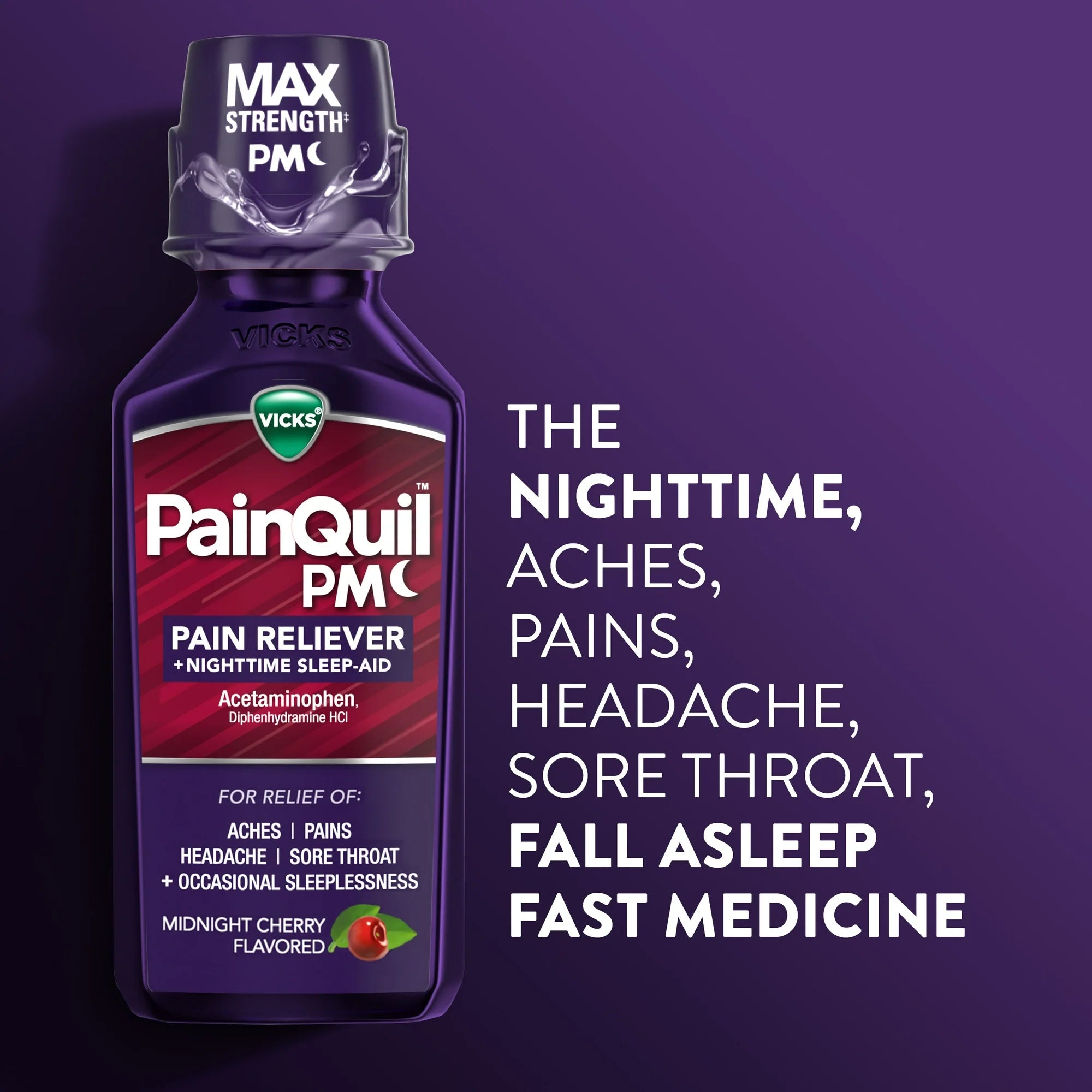 Vicks PainQuil PM Pain Relief and Sleep Aid Liquid, Acetaminophen Pain Reliever for Adults, 12 Fl oz