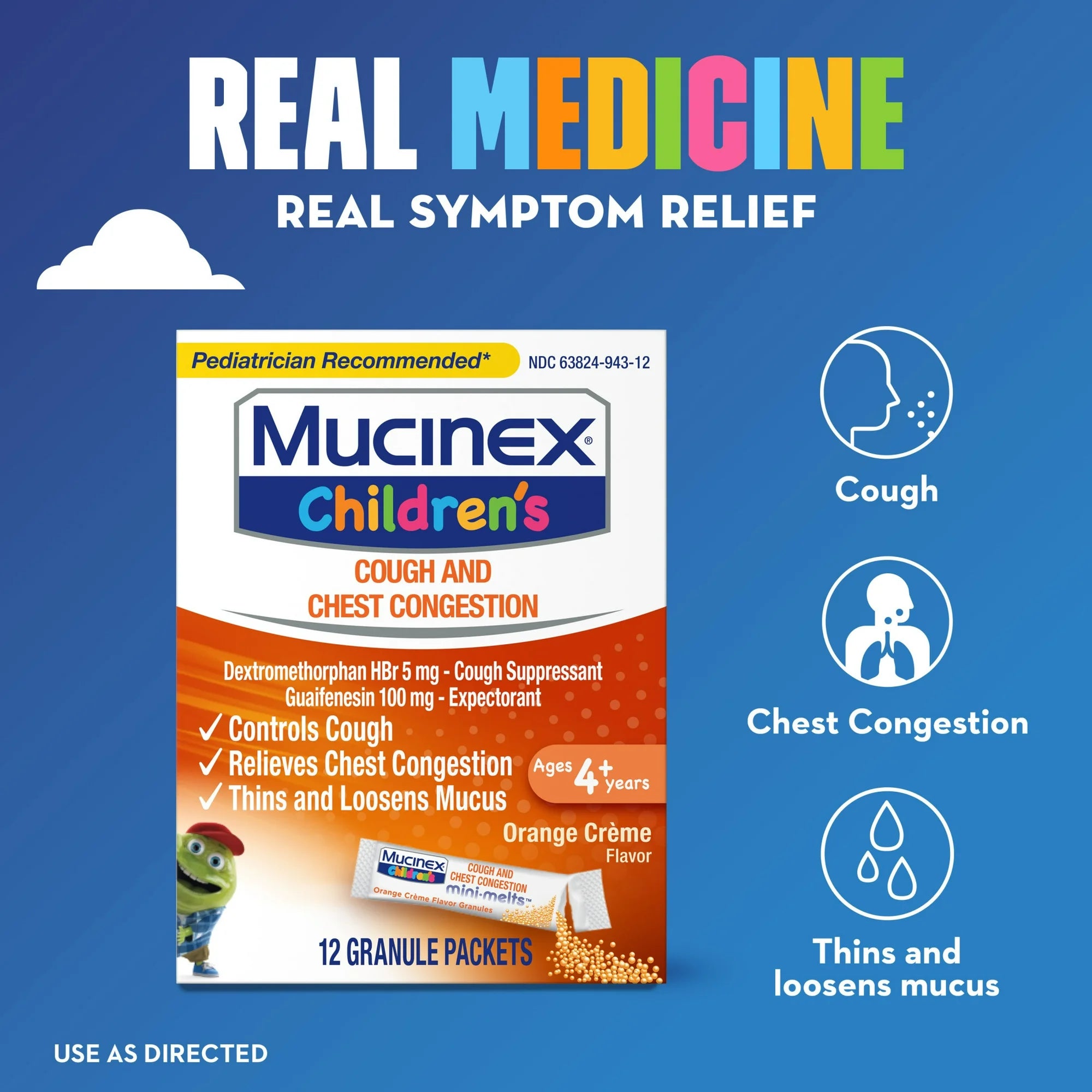 Mucinex Children's Cough Medicine & Expectorant for Kids, OTC Relief, Orange Crème Flavor Mini-Melts, 12 ct