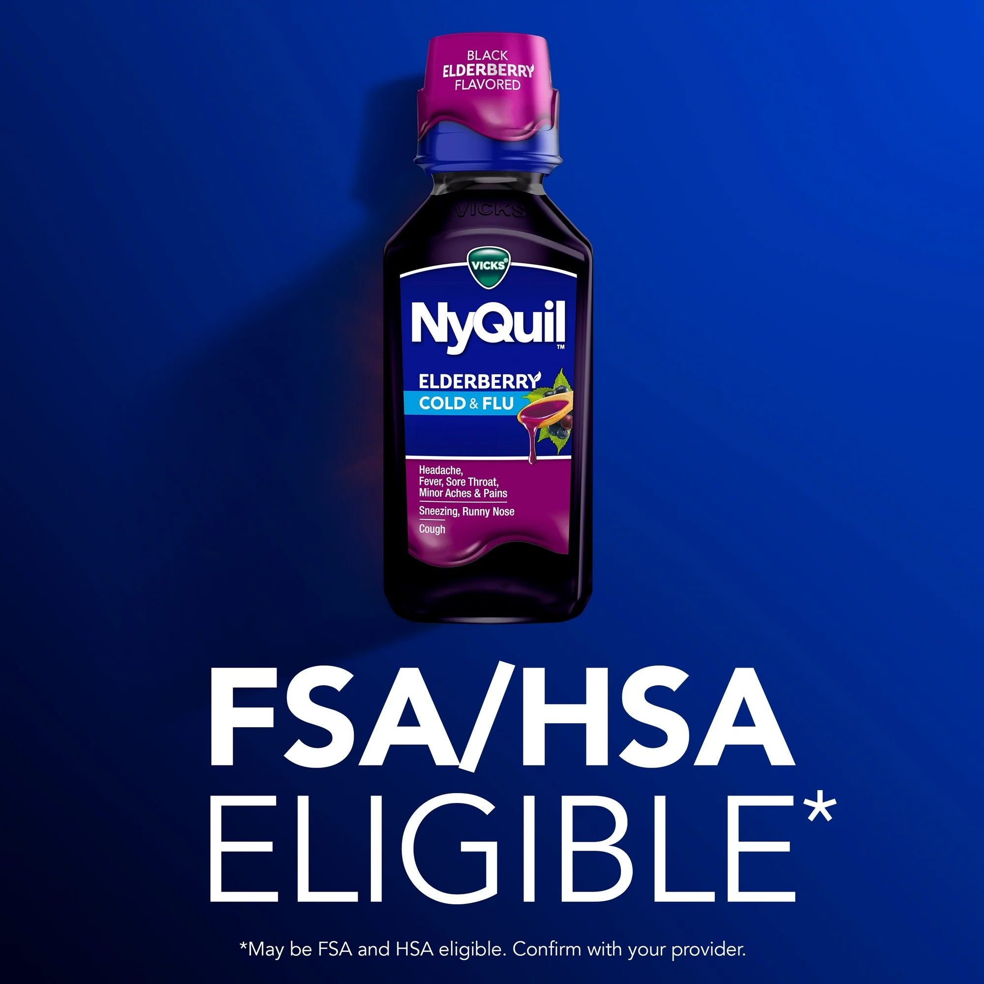 Vicks NyQuil Cold and Flu Liquid, Nighttime Cold and Flu Medicine for Adults, Elderberry, 12 Fl oz